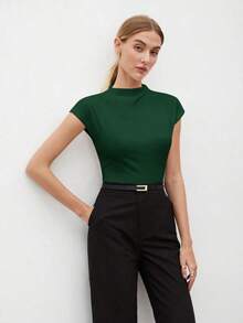 Camiseta de mujer de unicolor con cuello alto y mangas cortas tipo murciélago, casual de negocios para mujeres, uniforme de maestro, ropa de oficina, escuela, top básico, estilo vintage - Verde - Ver 10