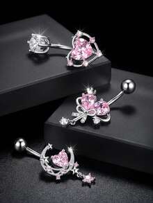 1 chiếc khuyên rốn đá Zirconia hồng, làm bằng thép không gỉ, không gây dị ứng, thích hợp cho tiệc tùng, đi biển và đeo hàng ngày. - Nhiều màu - Xem 3