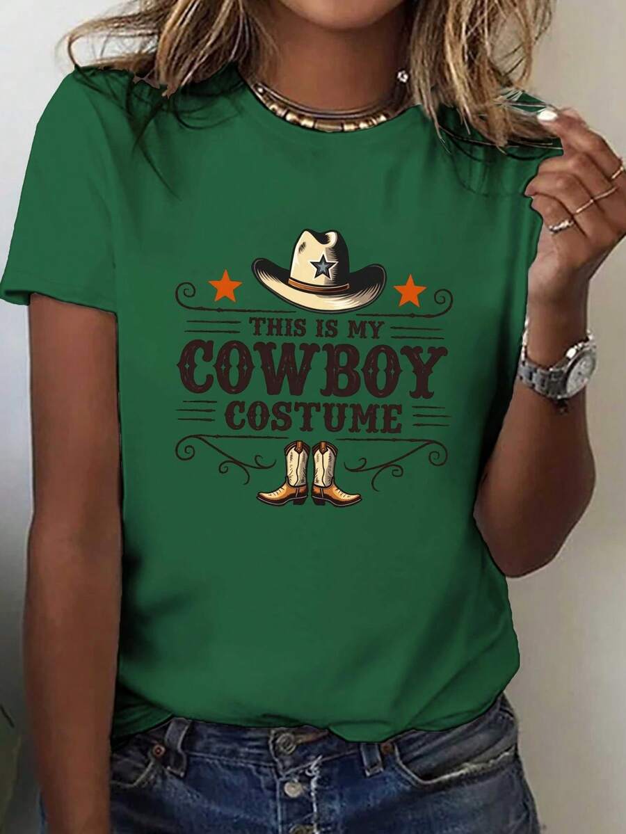 Camiseta de Mujer con Estampado de Sombrero de Vaquera - Camiseta de manga corta y cuello redondo con diseño de vaquera, estilo casual occidental adecuado para primavera y verano, lavable a máquina para uso diario y eventos campestres. - Verde - Ver 1