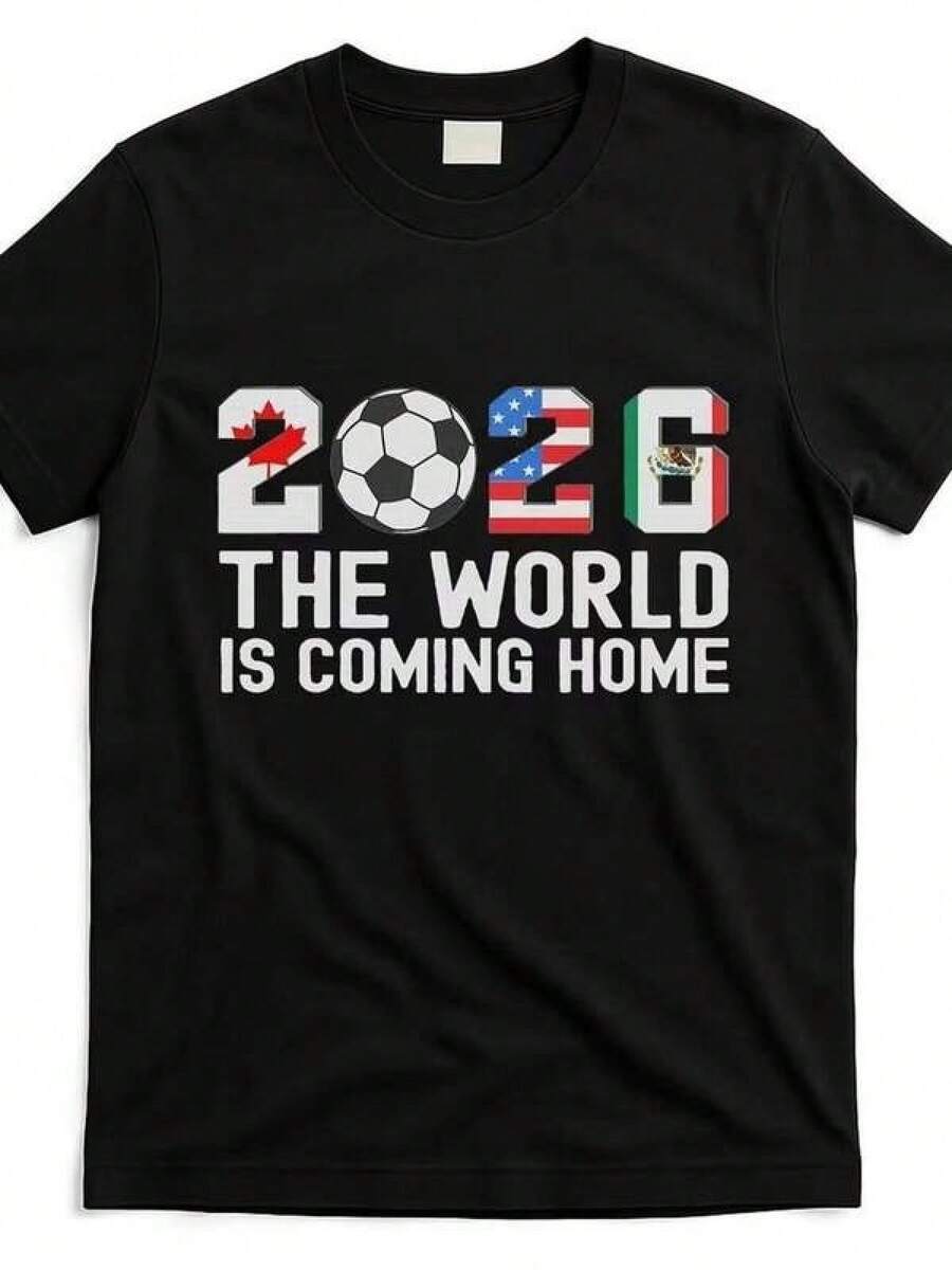 Camiseta casual para mujer, camisa elegante para mujer, camiseta con estampado vintage de la copa deportiva 2026, impresa con la bandera de América del Norte del partido de fútbol 2026 y las palabras "World Goes Home", un regalo para hombres, ropa casual para mujer, camisa casual para mujer, top casual, serie de camisetas. Adecuada para el uso diario casual. La tela es ligera y transpirable. Una elección perfecta para vacaciones lindas y elegantes. Adecuada tanto para celebraciones festivas como para el uso diario. Una excelente combinación para la vida universitaria de estilo vintage y atuendos diarios. Diseño lindo, cómodo y ajustado. Estilo clásico, tela suave y agradable al tacto. Estilo mexicano. - Negro - Ver 1