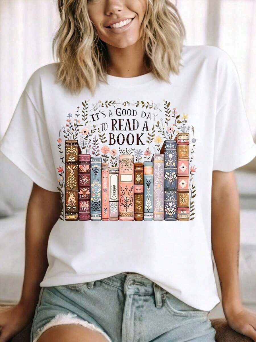 1 pieza. Es un buen día para leer un libro. Camiseta con diseño literario de estantería para amantes de los libros y entusiastas de la lectura. Idea de regalo para escritores y estudiantes. Ropa cómoda para la oficina en casa. Atuendo informal para visitas a librerías y días en la biblioteca. 180g Algodón 100%. - Blanco - Ver 1