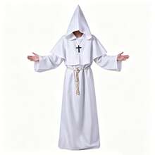 1 Set Men's Halloween Cosplay Medieval Cloak Monk Robe Wizard Priest Gown With Hood, Waist Rope & Necklace - White - View 10