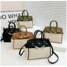 2026 New  European And American Retro Versatile Fashionable Color-Contrast Platinum Bag Large Capacity Commuting Shoulder Crossbody Bag,Structured PU Leather Handbags With Top Handle, Elegant Satchel Shoulder Bag - 撞色黑 - 查看 3