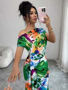 Vestido largo asimétrico con volantes en los hombros y la cintura, estampado floral, elegante y minimalista, adecuado para ir al trabajo, Año Nuevo, ropa de calle, estilo romántico francés, casual, retro de Oriente Medio, té de la tarde, fiesta, Acción de Gracias, vuelta al colegio, primavera/verano - Verde - Ver 7
