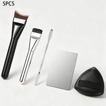 5pcs Professional Foundation Brush Set With Palette And Puff, Flat Crescent Shape, Create Perfect Base Makeup, Portable Travel Makeup Tool Kit, Suitable For Beginners - Multicolor - View 11
