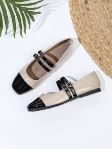 Spring & Autumn Mary Jane Shoes For Women, Uniform Style Small Leather Shoes With Double Straps, Plus Size Color Block Lacquered Leather, All Season - Apricot - View 8