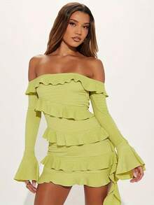 Vestido de Fiesta Sexy para Mujer - Hombros Descubiertos, Mangas Largas Acampanadas, Mini Ajustado y No Transparente para Salidas Nocturnas o Eventos Formales - Traje de Otoño para Fiestas y Cenas - Amarillo - Ver 2