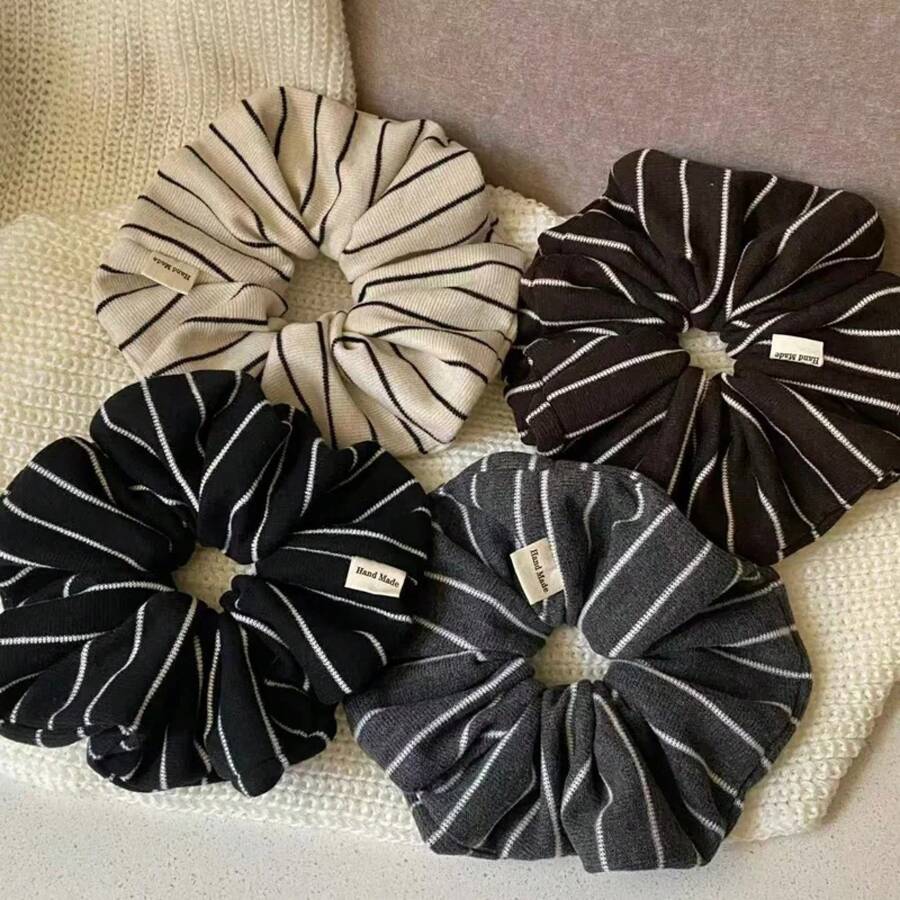 1 pieza de coleteros a rayas, coleteros de pelo a rayas de neutros hechos a mano, accesorios de bandas elásticas para el cabello para mujeres y niñas para uso diario. - Gris - Ver 1