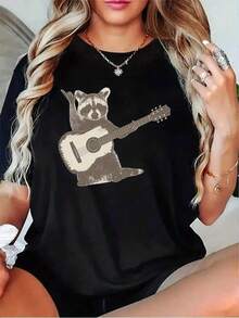 1 pieza de playera  para hombre y mujer, 100% algodón puro, cuello redondo casual con estampado, manga corta transpirable para uso diario, dise?o adorable de gato con estampado de guitarra en forma de osito. - Negro - Ver 1