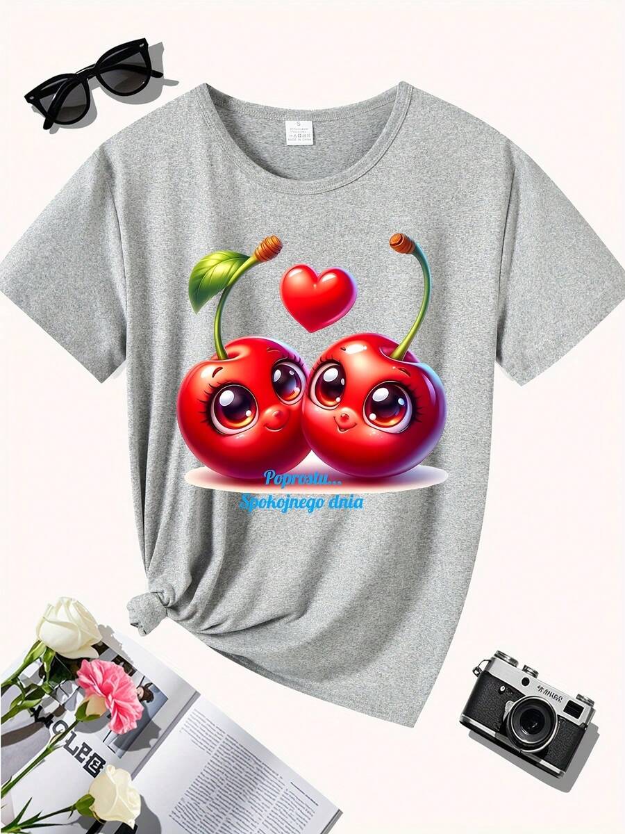 Solo un día de paz, Amor de cereza, Edición especial de San Valentín, Corazón, Regalo, Edición especial, Nueva camiseta de mujer de cuello redondo casual deportiva cómoda para las cuatro estaciones - Gris Claro - Ver 1