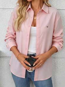 Women's Casual Daily Button Embroidery Long Sleeve Shirt Pink Spring - Pink - View 2