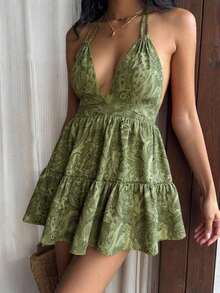 Vestido bohemio con estampado, sin espalda, con tirantes de lazo y moño, para uso casual, vacaciones y uso diario, primavera/verano para mujer - Verde - Ver 4