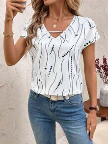 Blusa de mujer con detalles de rayas de contraste y calados, top de manga corta - Azul y blanco - Ver 6