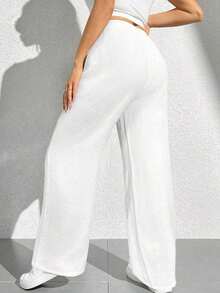 PETITE Pantalones anchos largos para mujeres, en unicolor, cintura alta con cinturón para un estilo suelto - Blanco - Ver 2