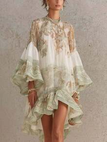 Women's High Neck Balloon Sleeve Vintage Landscape Print High Low Chiffon Mini Dress, Bohemian Flowy Ruffle Hem Tunic - 綠色 - 查看 7