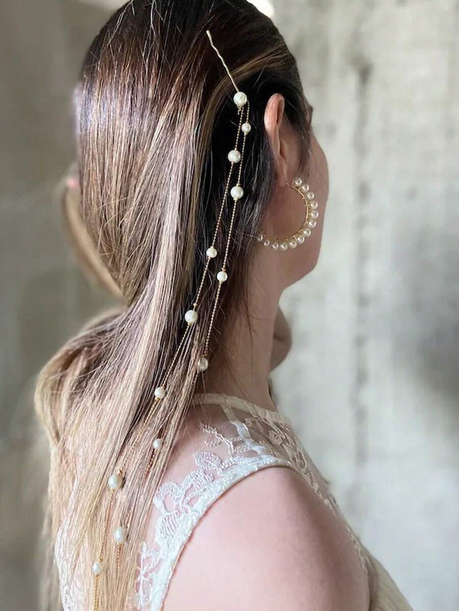 STONEFANS 1 pièce Pince à cheveux minimaliste à franges en fausses perles, accessoire de cheveux bohème romantique en fausses perles, décoration de cheveux polyvalente, chaîne de tête, coiffe - Doré - Voir 1