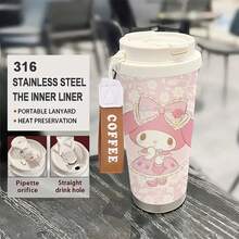 Miniso Bình giữ nhiệt cà phê bằng thép không gỉ Sanrio My Melody Lace Bow có dây đeo cổ tay, nắp lật chống rò rỉ, vòi uống kiêm ống hút, và là cốc du lịch bền chắc cho đồ uống nóng/lạnh. - Nhiều màu - Xem 2