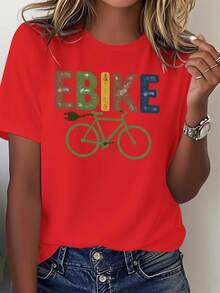 Women's Printed T-Shirt - 100% Casual And Comfortable Style, With An E And Bicycle Design, Suitable For Electric Cyclists To Wear All Year Round, Machine Washable (Ideal Choice For Enthusiasts And Commuters) - Loose Fit, Eye-Catching E And Bicycle Design, Suitable For All Seasons, Stylish And Breathable, Ideal For Electric Cyclists And Enthusiasts. - 紅色 - 查看 7