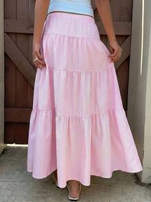 Falda casual de mujer con volantes en el bajo, estampado floral diminuto y tejido - Rosa - Ver 2