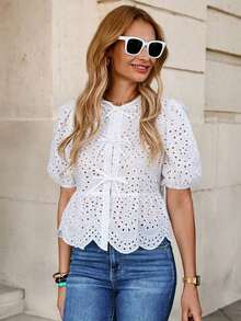Blusa elegante con mangas abullonadas, lazo delantero y bordado, ideal para vacaciones o San Valentín - Blanco 2 - Ver 6