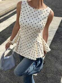 Nuevo top sin mangas de primavera/verano con lunares negros y blancos para mujeres - Albaricoque - Ver 4