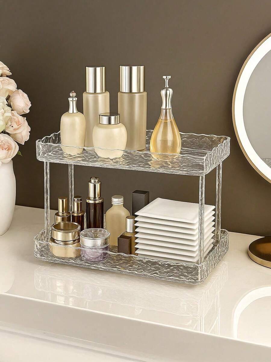 1pc Light Luxury Transparent Water Ripple Double Layer Storage Rack, Desktop Cosmetic Organizer, Bathroom Vanity Organizer, Large Capacity Skincare And Perfume Storage Tray - Clear - View 1