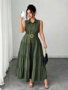 Vestido camisero de talla grande para mujer, de unicolor, casual, con un solo botón delantero y sin mangas, vestido plisado, para verano - Verde militar - Ver 1