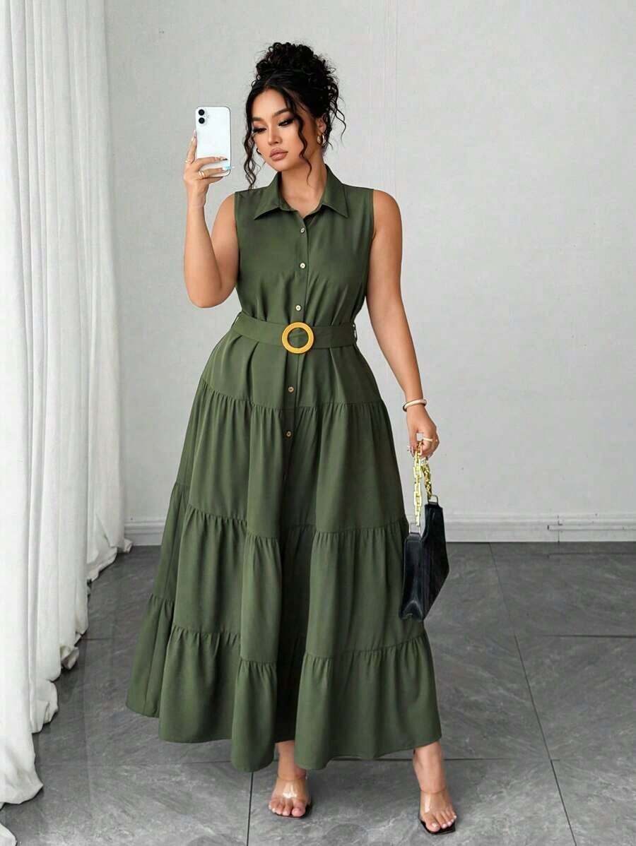 Vestido camisero de talla grande para mujer, de unicolor, casual, con un solo botón delantero y sin mangas, vestido plisado, para verano - Verde militar - Ver 1