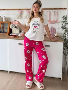 Una camiseta de manga corta para mujer con estilo retro americano, de corte holgado y con diseño estampado (los pantalones son solo para sugerencias de estilo). Esta pieza sencilla y elegante presenta un patrón de letras impresas con temática tropical, lo que la convierte en un elemento imprescindible para crear un look relajado de vacaciones, perfecto para ocasiones como el Día del Trabajo y el Día de la Independencia de México. - Blanco - Ver 1