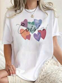 YOCASA Women's Casual Summer T-Shirt, Round Neck, Fitted Short Sleeve, With Oil Painting Print, Floral, Heart, Cherry And Letter Patterns. Simple Casual Fabric, Sporty Style, Ideal For Everyday Wear And Valentine's Day Dates. - 白色-YH401 - 查看 3