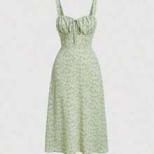 Nana's Women's Clothing Store  MOD Vestido con tirantes de espagueti fruncido con estampado floral colorido y lazo - Estilo soñador y romántico, vestido de verano y primavera para mujer para citas, fiestas, vacaciones de primavera, vacaciones, picnics, festivales, cumpleaños - Verde pastel - Ver 1