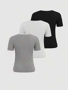 Set de 3 camisetas casuales de manga corta y cuello redondo de corte slim para mujer - Multicolor - Ver 2