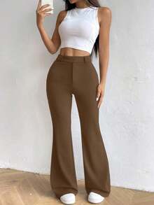 Pantalones acampanados de cintura alta de unicolor, casuales y versátiles para mujer - Marrón 2 - Ver 6