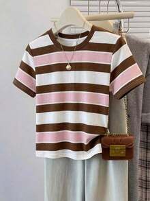 Frenchy Camiseta de manga corta holgada con cuello redondo, estilo asimétrico a rayas, minimalista y casual, versátil, adecuada para primavera/verano y temporada deportiva - Multicolor 14 - Ver 6
