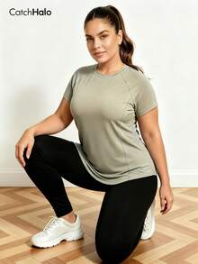 Plus Size Women Short Sleeve Solid Color Sports Top, Asymmetric Hem, Quick Dry Stretchy Casual Fitness T-Shirt, Gym Workout Daily Wear, Spring - Màu xanh Bạc hà - Xem 8