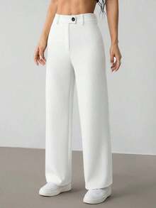Pantalones rectos casuales de mujer de unicolor con cinturón - Blanco - Ver 5