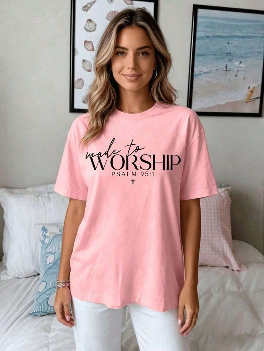 Casual Summer Round Neck T-Shirt, Religious Sportswear, T-Shirt With Psalm 95:1, Christian Sportswear, Biblical Hoodie, Religious T-Shirt, Faith T-Shirt, Christian Gift For Women, Fitted Short Sleeve T-Shirt For Women. - 粉色 - 查看 1