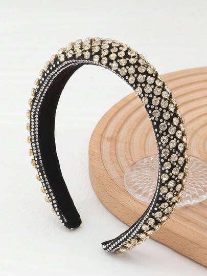Black & Gold Rhinestone Embellished Luxury Headband, Vintage French Style Wide-Brimmed Hair Hoop
