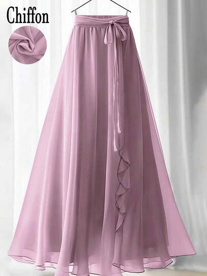Plus Size Women's Solid Color Elegant Floral Lace/Ruffle Waist Tie Draped Maxi A-Line Skirt Summer