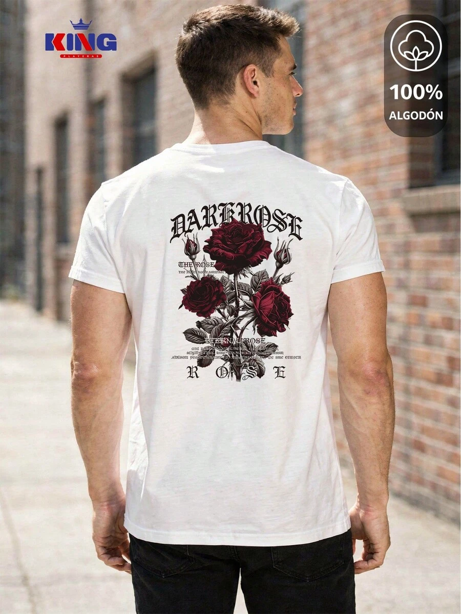 King T-shirt Playera 100% algodón de excelente calidad, esta playera garantiza una suavidad excepcional al tacto, cuello redondo con estampado "Dark Rose Gothic Floral" y manga corta - Blanco - View 1