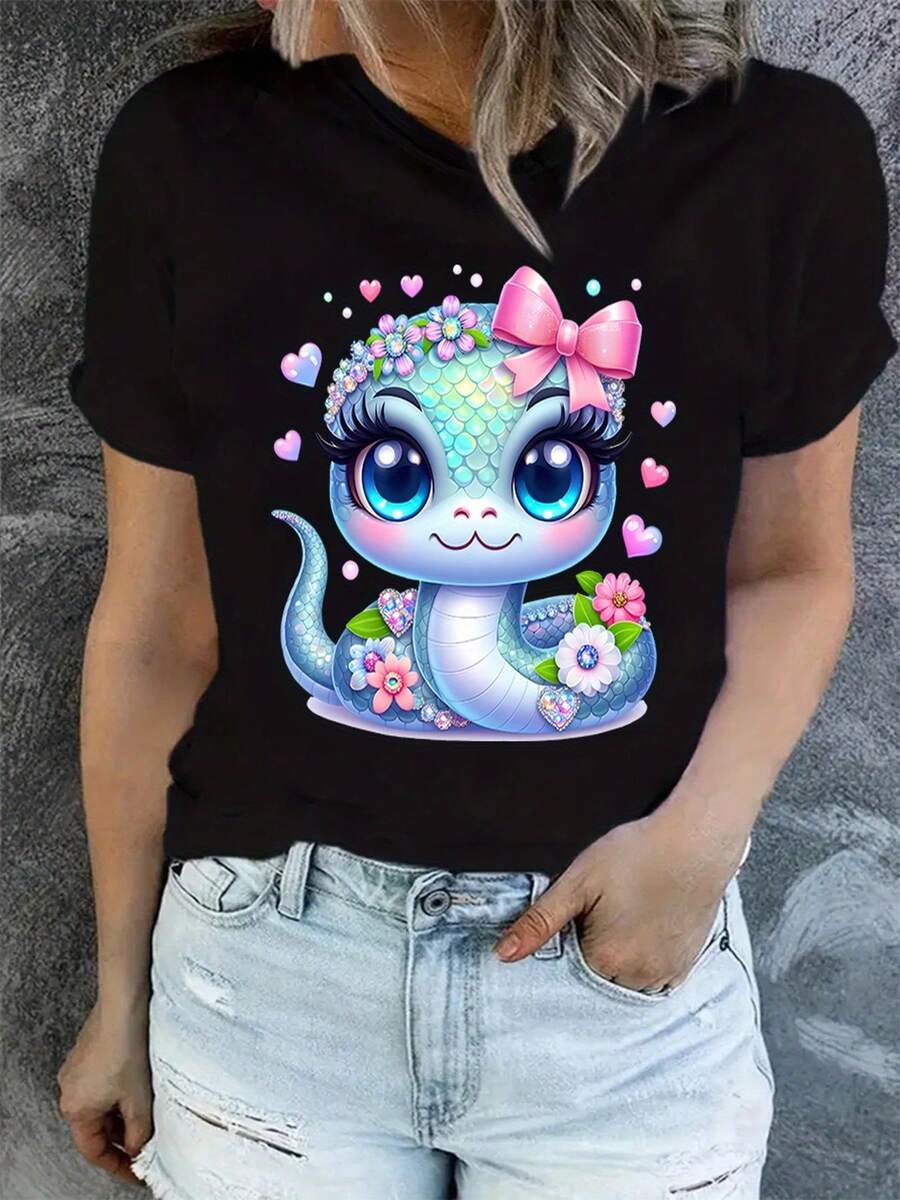 Camiseta de manga corta con diseño de serpiente de dibujos animados, tela cómoda y respirable, perfecta para la primavera y el verano, ropa deportiva versátil para todas las estaciones, camiseta gráfica divertida con ajuste cómodo para damas - Negro - Ver 1