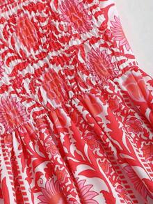 Vestido vintage de mujer con cintura anudada y estampado floral diminuto, de peso ligero y lujoso, sin mangas, rojo, ajustado, sexy, adecuado para vacaciones de verano y fiestas - Rojo 2 - Ver 5
