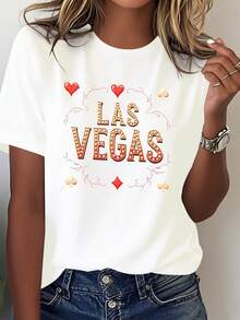 Women's Solid Color T-Shirt, Printed With Las Vegas Poker Symbol (Pawns, Spades, Hearts) - Casual Fit For Poker Night, Machine Washable - Casual Blouse For Women. - 白色 - 查看 7