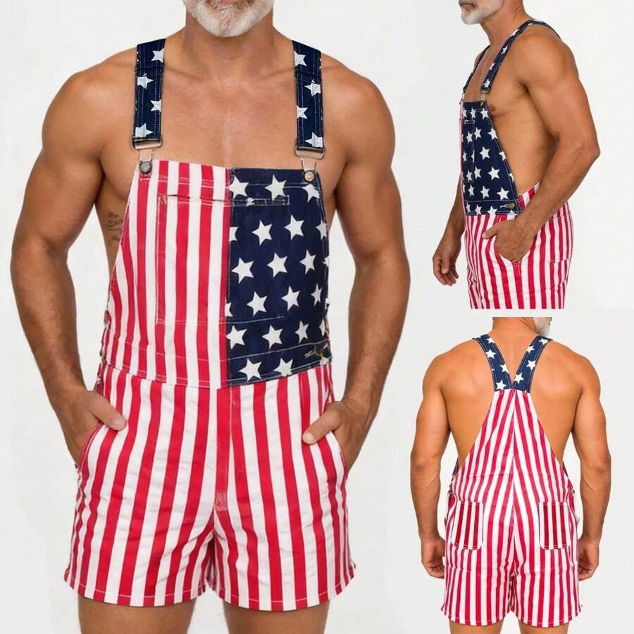 Unisex American Flag Bib Overalls, Soft Stretch Pants For July 4th, Memorial Day, Parade, Festival, Party & Summer Streetwear - L - View 1