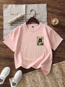 Tween Boy Casual Graphic Print Crew Neck Short Sleeve T-Shirt, Summer Top - Pink - View 3