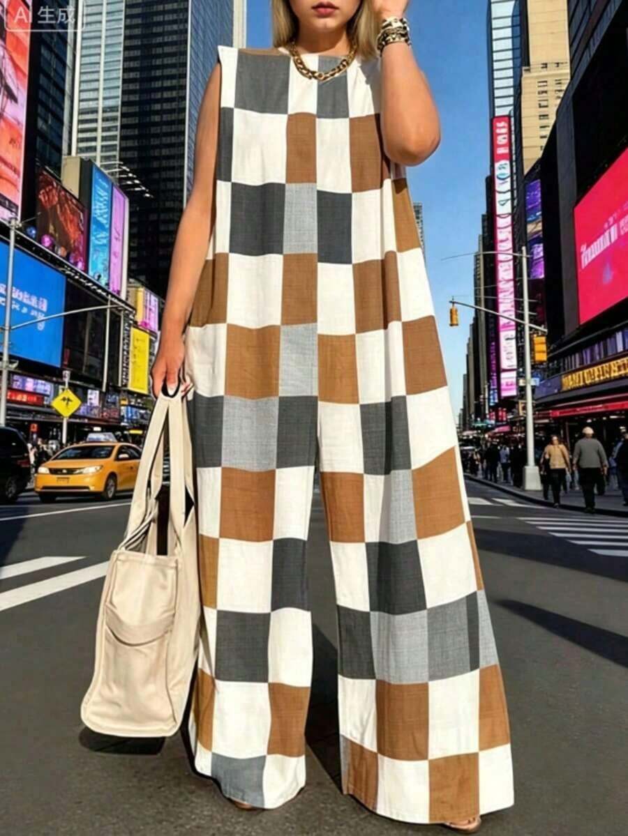 Plus Size Women's Sleeveless Jumpsuit With Colorful Plaid Print, For Summer - 摩卡棕 - 查看 1