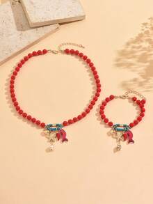 1pc Elegant Fashion Vacation Style Colorful Beaded Alloy Seashell Multi-Element Necklace & Bracelet Set, Suitable For Vacation Wear, Slimming And Elegant - Hot Pink - View 4