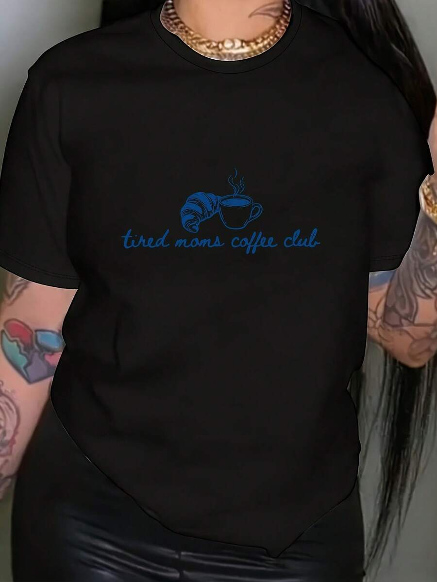 Camiseta unisex de manga corta, TiredMadresCaféClubGráficoImprimirCamisetaCortoMangaTripulaciónCuelloInformalSuperiorparaVeranoYPrimaveraMujeresPlayeras de ropahombre, , , Dazymujer,romwehombres, bohochic,maestrasregalos,camisetaparaconjuntos de mujercon curvasparamu,y2k, - Negro - Ver 1