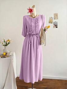 Vestido de manga media con cuello redondo, doble volante, plisado y patchwork, de estilo vintage para primavera y verano. Vestidos elegantes y casuales para mujeres. - Púrpura malva - Ver 3