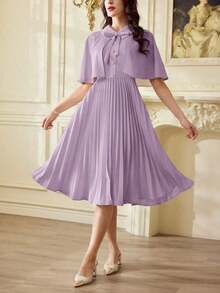 Conjunto elegante vintage clásico de 2 piezas para mujer con capa y mantón de primavera y verano, y vestido con cuello plisado en beige para vacaciones, atuendos de verano para mujer, atuendos casuales de negocios para mujer, atuendos de primavera para mujer, atuendos de profesora para mujer, atuendos de festival para mujer, vestido de Pascua para mujer, ropa de mujer para vacaciones tropicales, vestidos blancos para mujer, vestidos de cumpleaños para mujer, conjuntos de 2 piezas, ropa de iglesia para señoras, vestido de graduación para mujer - Púrpura malva - Ver 5